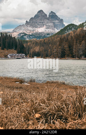 The Landscape of Lake Misurina at sunrise, Located near Auronzo di Cadore Belluno, Italy Stock Photo