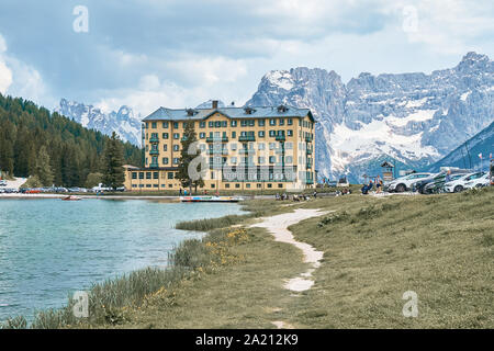 The Landscape of Lake Misurina at sunrise, Located near Auronzo di Cadore Belluno, Italy Stock Photo