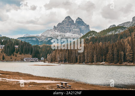 The Landscape of Lake Misurina at sunrise, Located near Auronzo di Cadore Belluno, Italy Stock Photo