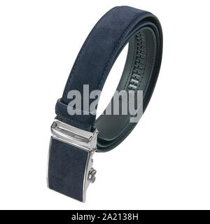 Dark blue mens seude belt isolated on white background Stock Photo