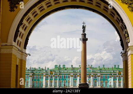 St. Petersburg, Russia - July 8, 2019: Alexander Column on Palace Square, Hermitage Museum in background