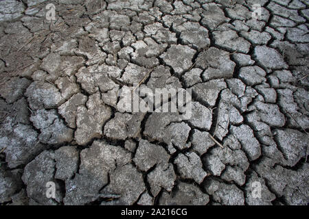 Dry lake bed with natural texture of cracked clay in perspective floor. Death Valley field . background. Selective focus on black soil dark land. Idea Stock Photo