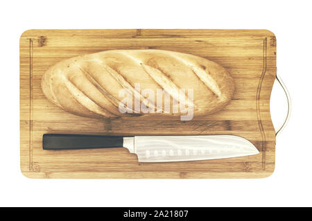 white bread and chefs knife on hardboard Stock Photo