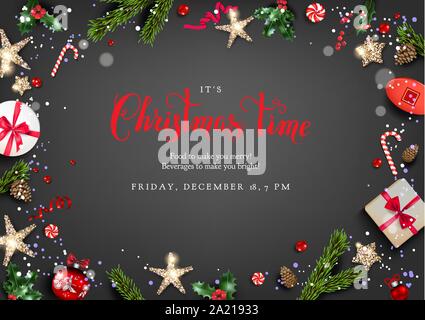 Festive dark card with Christmas decorations and balls, stars, gift boxes, fir tree branches. Winter holiday template with Merry Christmas lettering. Stock Vector