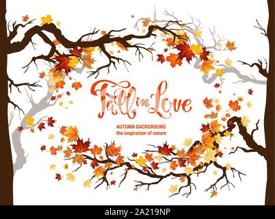 Autumn leaves and branches frame. Nature design background. Fall maple leaves for decoration. Fall in love lettering. Stock Vector