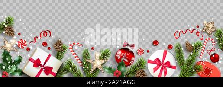 Festive composition with Christmas decorations. Balls, stars, gift boxes, fir tree branches isolated. Winter holiday banner Stock Vector