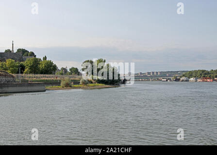 The Pobednik (Victor) monument statue in Kalamegdan Park as well as the Sava River with Branko's Bridge and Zemanski Road bridge as seen from the confluence of the Sava and Danube Rivers, Belgrade, Serbia. Stock Photo