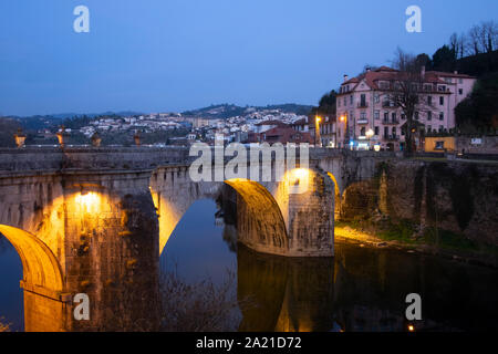 The São Gonçalo bridge in Amarante, near Porto, Portugal, at night. Stock Photo