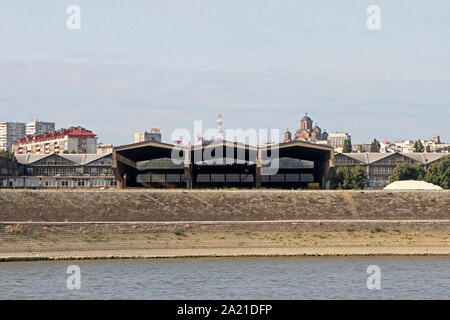 The Port of Belgrade ship docks on the bank of the Danube River, Belgrade, Serbia. Stock Photo