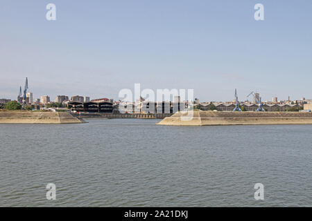 The Port of Belgrade ship docks on the bank of the Danube River, Belgrade, Serbia. Stock Photo