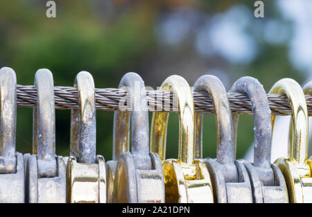Heart shaped golden padlocks hanging on a steel wire close up shot and macro. Stock Photo