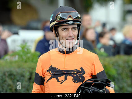 Twelve jockeys from ten countries took place in the Leram European Jockey Cup, at the Chuchle Arena Prague, Czech Republic, September 28, 2019. His biggest star was one of the world's best jockeys, Belgian native Christophe Soumillon, pictured, who also won the final ranking and the Cup for the winner. Dutch Adrie de Vries placed second and Eduardo Pedroza from Panama was the third. (CTK Photo/Katerina Sulova) Stock Photo