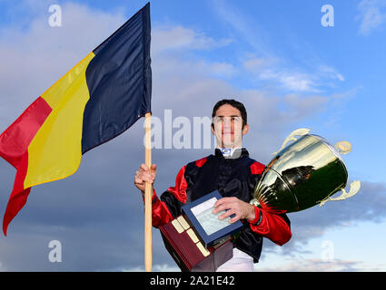 Prague, Czech Republic. 28th Sep, 2019. Twelve jockeys from ten countries took place in the Leram European Jockey Cup, at the Chuchle Arena Prague, Czech Republic, September 28, 2019. His biggest star was one of the world's best jockeys, Belgian native Christophe Soumillon, pictured, who also won the final ranking and the Cup for the winner. Dutch Adrie de Vries placed second and Eduardo Pedroza from Panama was the third. Credit: Roman Vondrous/CTK Photo/Alamy Live News Stock Photo