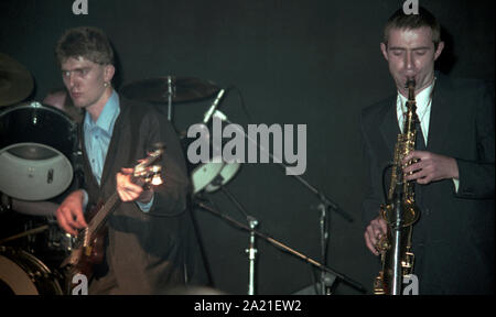 Sore Throat New Wave Band performing 'live' c1980  Vocals: Justin Ward  Bass: Dan Flowers  Keyboards: Matthew Flowers  Guitar: Reid Savage  Drums: Clive Kirby  Sore Throat was a British new wave / punk band from Highgate, London, England, formed in 1975, producing 1 album in 1980, Sooner Than You Think, on the Dureco label and six singles.  Photo by Tony Henshaw Archive Stock Photo