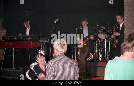 Sore Throat New Wave Band performing 'live' c1980  Vocals: Justin Ward  Bass: Dan Flowers  Keyboards: Matthew Flowers  Guitar: Reid Savage  Drums: Clive Kirby  Sore Throat was a British new wave / punk band from Highgate, London, England, formed in 1975, producing 1 album in 1980, Sooner Than You Think, on the Dureco label and six singles.  Photo by Tony Henshaw Archive Stock Photo