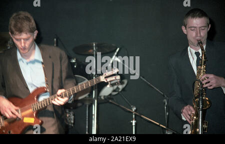 Sore Throat New Wave Band performing 'live' c1980  Vocals: Justin Ward  Bass: Dan Flowers  Keyboards: Matthew Flowers  Guitar: Reid Savage  Drums: Clive Kirby  Sore Throat was a British new wave / punk band from Highgate, London, England, formed in 1975, producing 1 album in 1980, Sooner Than You Think, on the Dureco label and six singles.  Photo by Tony Henshaw Archive Stock Photo