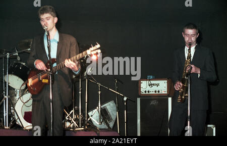 Sore Throat New Wave Band performing 'live' c1980  Vocals: Justin Ward  Bass: Dan Flowers  Keyboards: Matthew Flowers  Guitar: Reid Savage  Drums: Clive Kirby  Sore Throat was a British new wave / punk band from Highgate, London, England, formed in 1975, producing 1 album in 1980, Sooner Than You Think, on the Dureco label and six singles.  Photo by Tony Henshaw Archive Stock Photo