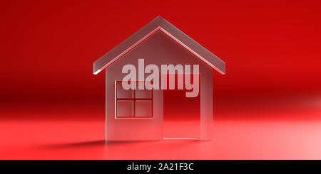 Home, real estate concept. House model glass texture against red color curved background. 3d illustration Stock Photo