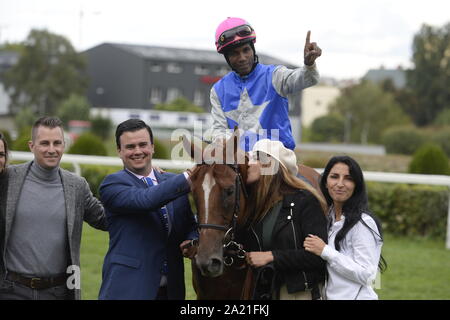 Prague, Czech Republic. 28th Sep, 2019. Twelve jockeys from ten countries took place in the Leram European Jockey Cup, at the Chuchle Arena Prague, Czech Republic, September 28, 2019. His biggest star was one of the world's best jockeys, Belgian native Christophe Soumillon, who also won the final ranking and the Cup for the winner. Dutch Adrie de Vries placed second and Eduardo Pedroza (pictured) from Panama was the third. Credit: Katerina Sulova/CTK Photo/Alamy Live News Stock Photo