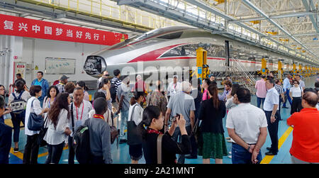 (190930) -- BEIJING, Sept. 30, 2019 (Xinhua) -- Chinese and foreign journalists visit a high-speed train maintenance base at the invitation of the media center for the celebration of the 70th founding anniversary of the People's Republic of China and China State Railway Group Co., Ltd. in Beijing, capital of China, Sept. 30, 2019. (Xinhua/Cai Yang) Stock Photo