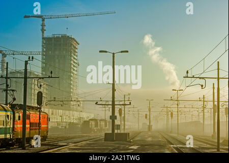 Railway Station in the winter morning Stock Photo