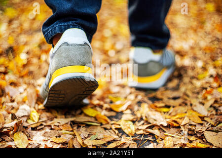 Walk on pavement in Autumn. Back view on the feet of a man walking along the pavement with fallen foilage. Abstract empty blank Autumn weather backgro Stock Photo