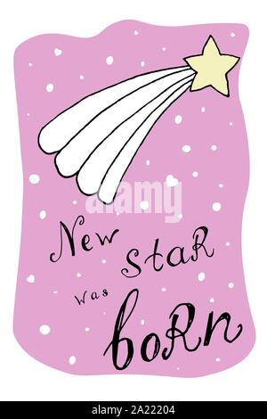 Greeting card in pink for new born star at baby shower. Simple sketch vector illustration can be used in postcards, greeting cards, banners, prints, birthday celebrations e.t.c. EPS10 Stock Vector