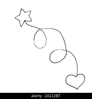 Star connected by a rope with a heart. Monochrome sketch, hand drawing. Black outline on white background. Vector illustration Stock Vector
