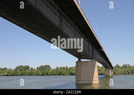 View from under the bridge called 14, on Route 14, on the Danube River, Smederevo, Serbia. Stock Photo