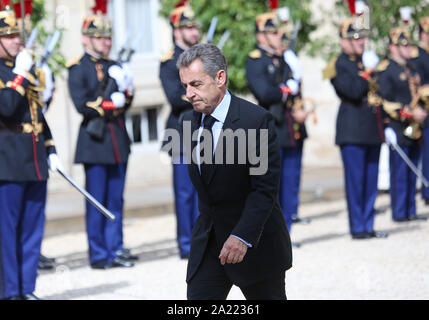 Paris, France. 30th Sep, 2019. Former French Nicolas Sarkozy arrives at the Elysee Palace in Paris on Monday, September 30, 2019. Sarkozy attended a lunch hosted by French President Emmanuel Macron following a memorial service in honor of former French President Jacques Chirac, who died on September 26 at the age of 86. Photo by David Silpa/UPI Credit: UPI/Alamy Live News Stock Photo