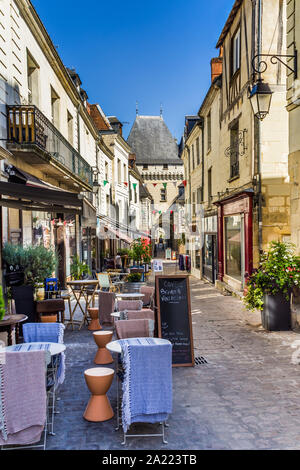 Cafés, restaurants and shops on the Grande Rue, Loches, Indre-et-Loire, France. Stock Photo