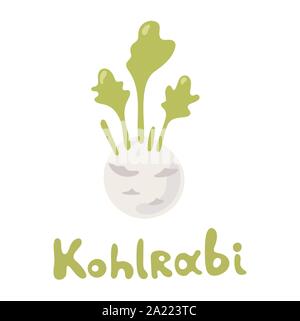 Vector Cartoon Kohlrabi Cabbage. Green kohlrabi, type of cabbage. Fresh organic vegetable. Vector illustration. Made in cartoon flat style. Stock Vector