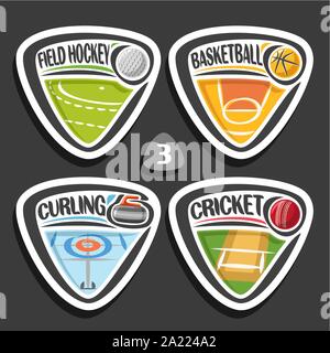 Vector set of sport logos, 4 triangle simple badges with balls, sports signs of minimal design with game equipment for sporting club or school, origin Stock Vector