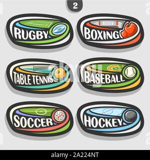 Vector set of sport logos, 6 oval simple badges with flying ball on curved trajectory, sports signs of minimal design with games equipment, original t Stock Vector