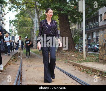 ILAN, Italy: 22 September 2019: Fashion blogger street style outfit after Dolce & Gabbana  fashion show during Milan fashion week Spring/Summer Stock Photo