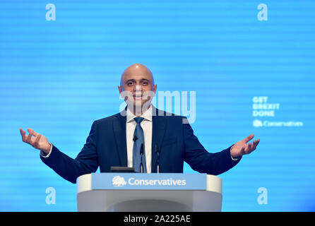 Manchester, UK. 30th Sep, 2019. MANCHESTER, UK. Chancellor of the Exchequer Sajid Javid delivers his keynote speech at the Conservative Party conference in Manchester. Credit: Dave Johnston/Alamy Live News Stock Photo