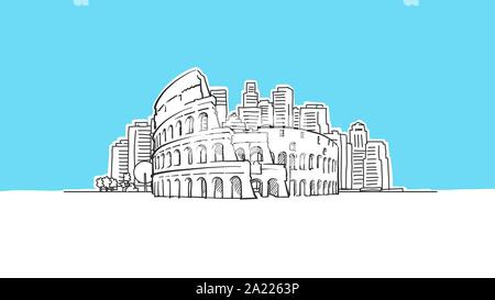 Coliseum In Rome Lineart Vector Sketch. and Drawn Illustration on blue background. Stock Vector