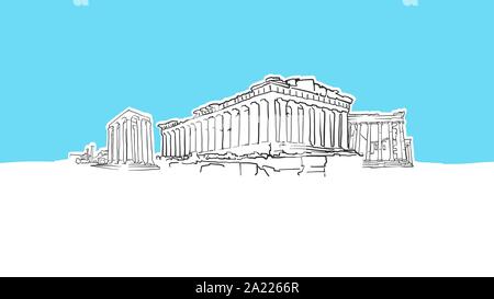 Athens Greece Lineart Vector Sketch. and Drawn Illustration on blue background. Stock Vector