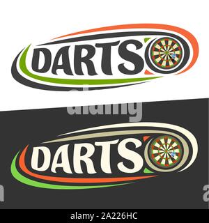 Vector logos for Darts game, arrow in bullseye on board and handwritten word - darts on black, curved lines around original typography for text - dart Stock Vector