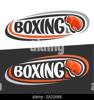 Vector logos for Boxing sport, flying on trajectory red boxing glove and handwritten word - boxing on black background, curved lines around original f Stock Vector
