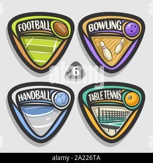 Vector set of sport logos, 4 triangle simple badges with balls, sports signs of minimal design with game equipment for sporting club or school, origin Stock Vector