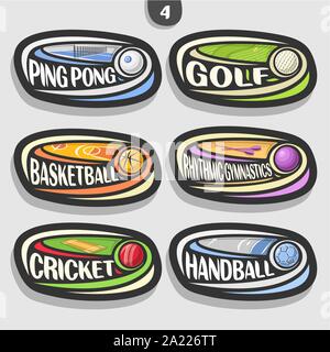 Vector set of sport logos, 6 oval simple badges with flying ball on curved trajectory, sports signs of minimal design with games equipment, original t Stock Vector