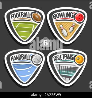 Vector set of sport logos, 4 triangle simple badges with balls, sports signs of minimal design with game equipment for sporting club or school, origin Stock Vector