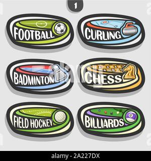 Vector set of sport logos, 6 oval simple badges with flying ball on curved trajectory, sports signs of minimal design with games equipment, original t Stock Vector