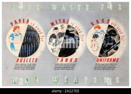 British, WW2, Salvage poster, Save waste for war weapons, (metal, paper and rags changing into tanks, bullets and uniforms respectively) 1939-1946 Stock Photo