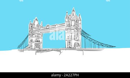 London Tower Bridge Lineart Vector Sketch. and Drawn Illustration on blue background. Stock Vector