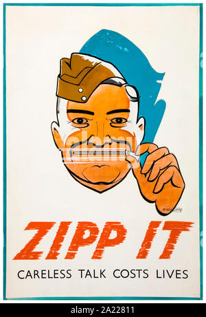 British, WW2, Careless talk, Zipp it, Careless talk costs lives, (zip fastener across a soldiers mouth) poster, 1939-1946 Stock Photo