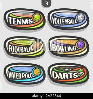 Vector set of sport logos, 6 oval simple badges with flying ball on curved trajectory, sports signs of minimal design with games equipment, original t Stock Vector