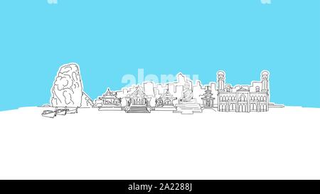 Thailand Panorama Lineart Vector Sketch. and Drawn Illustration on blue background. Stock Vector