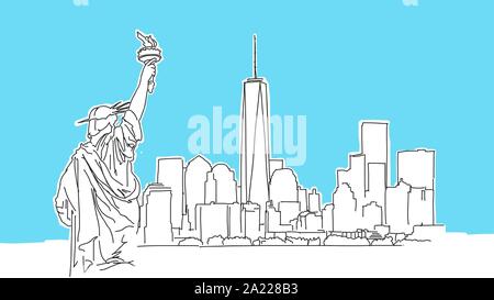 New York Big Apple Lineart Vector Sketch. and Drawn Illustration on blue background. Stock Vector
